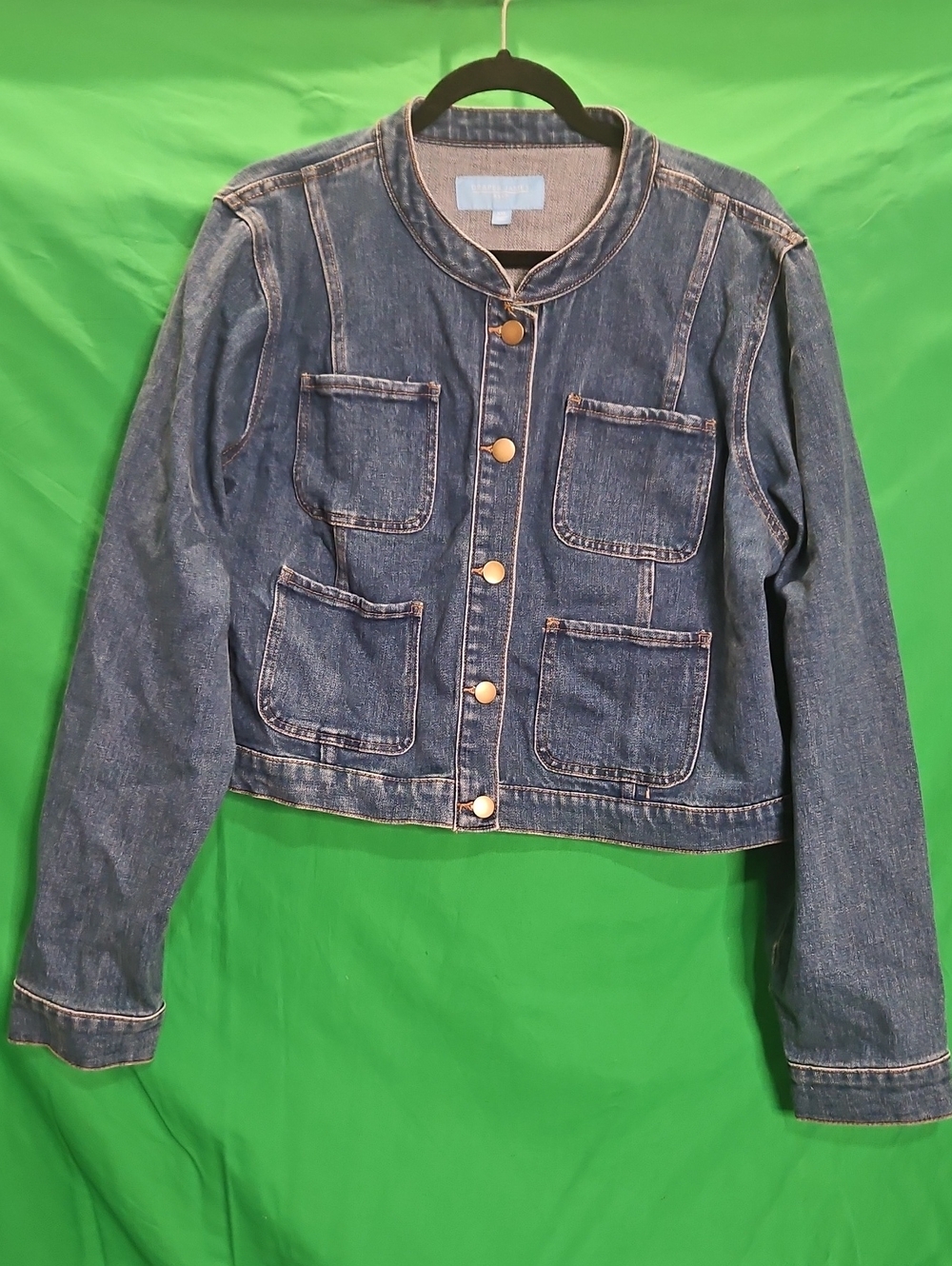 Draper James Blue Collarless Denim Croped Jacket with Gold Buttons